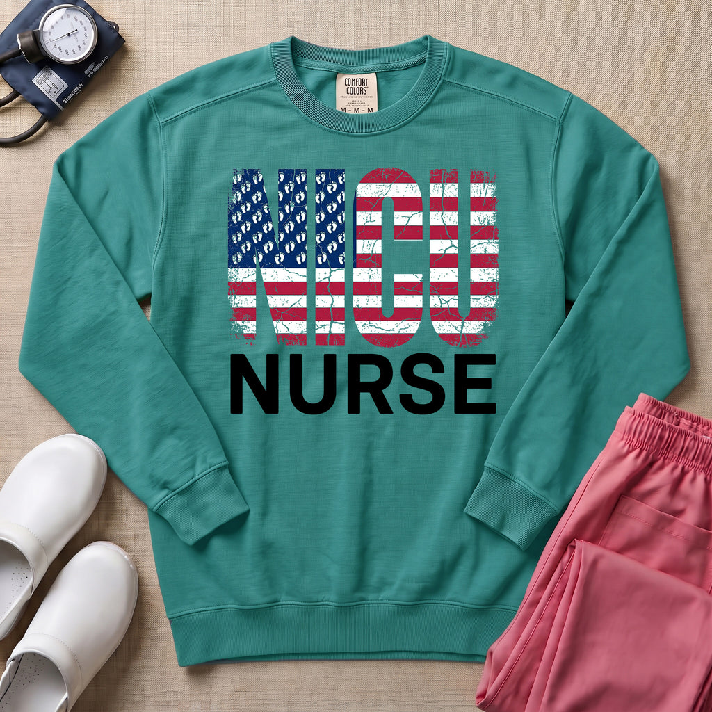 Patriotic NICU Nurse American Flag Sweatshirt - Seafoam Comfort Colors Sweatshirt | HugTee