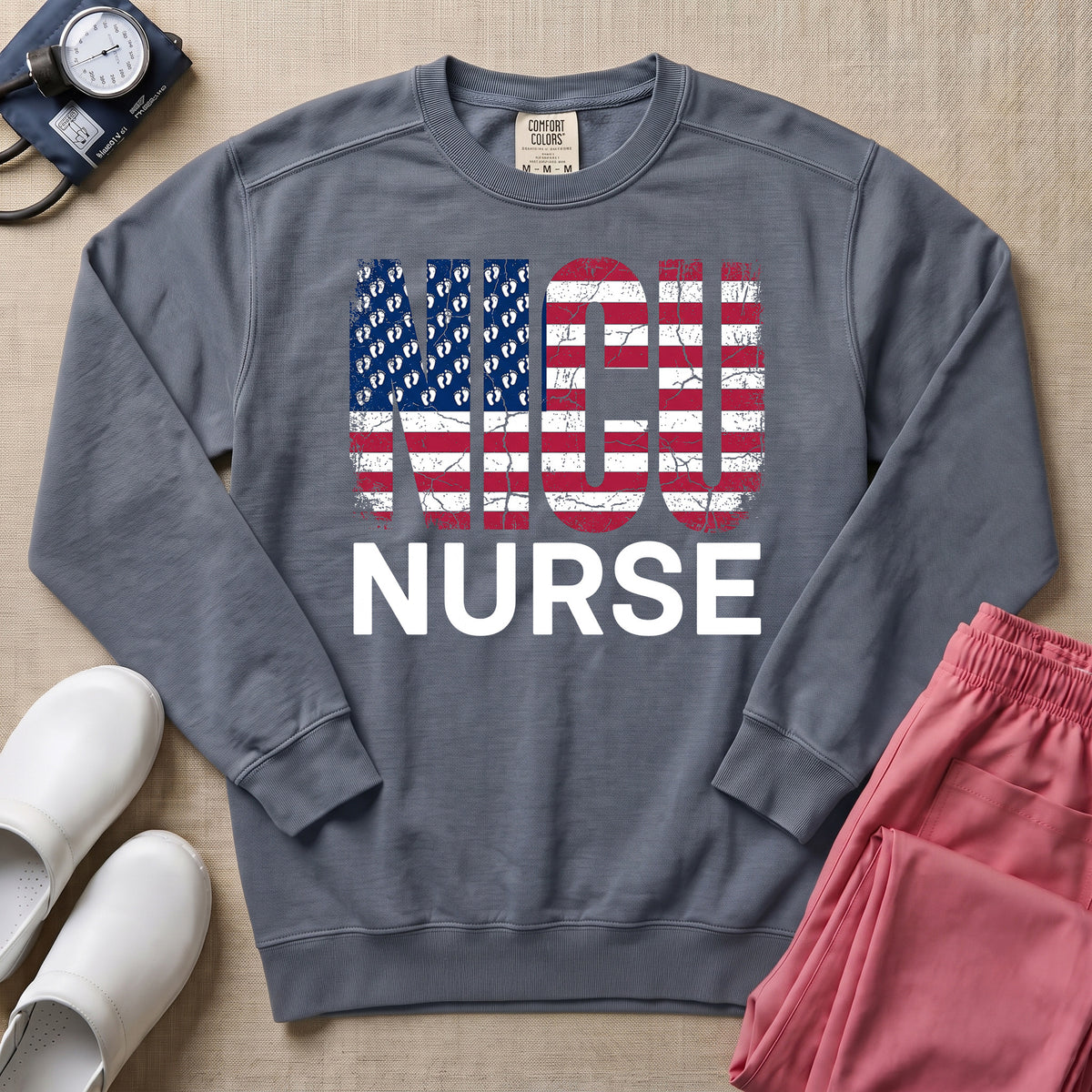 Patriotic NICU Nurse American Flag Sweatshirt - Blue Jean Comfort Colors Sweatshirt | HugTee