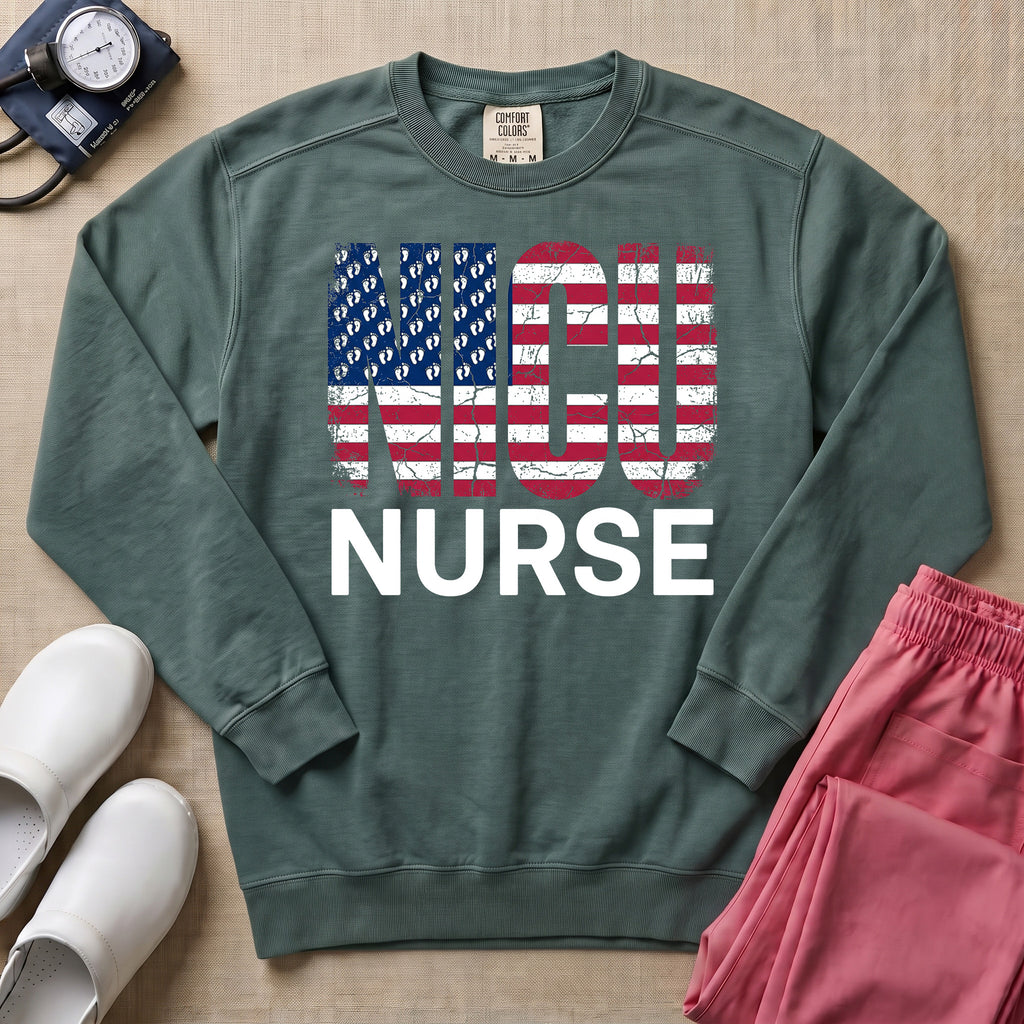 Patriotic NICU Nurse American Flag Sweatshirt - Blue Spruce Comfort Colors Sweatshirt | HugTee