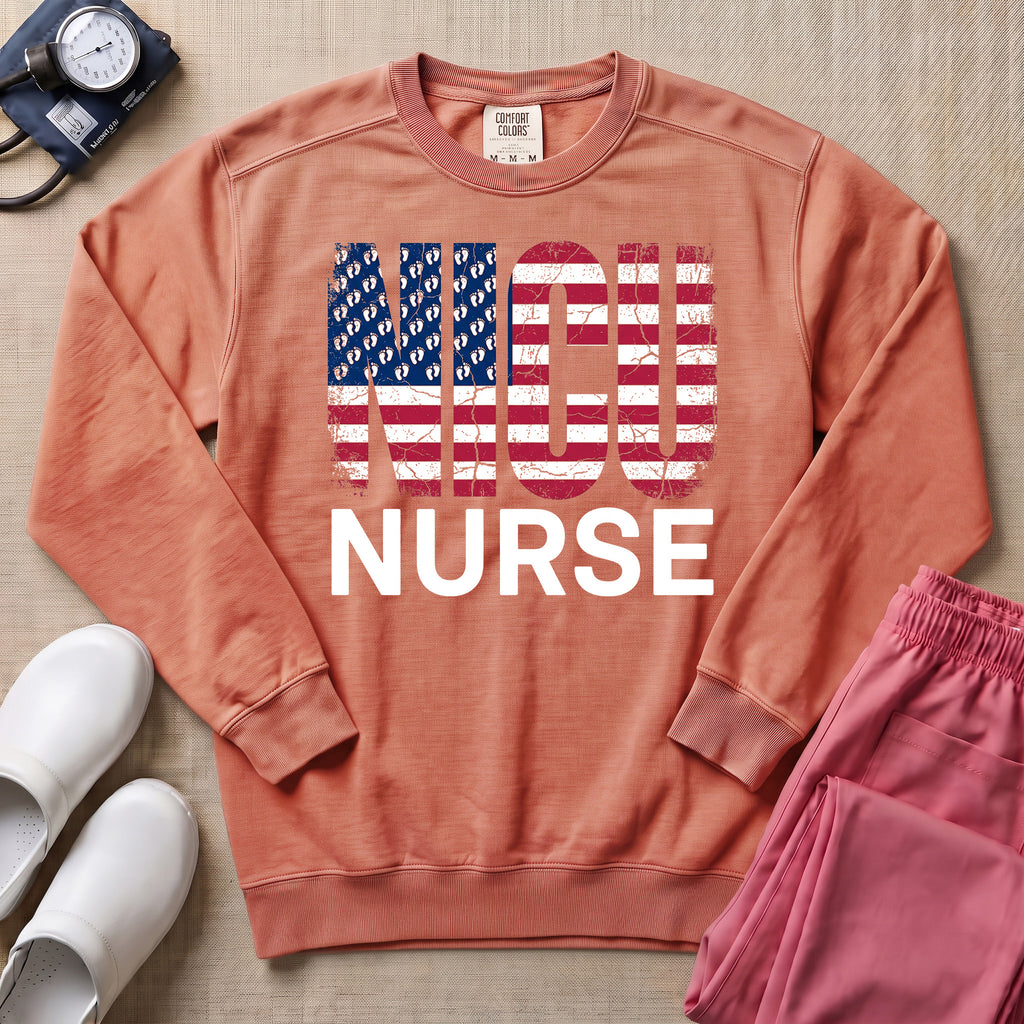Patriotic NICU Nurse American Flag Sweatshirt - Terracotta Comfort Colors Sweatshirt | HugTee