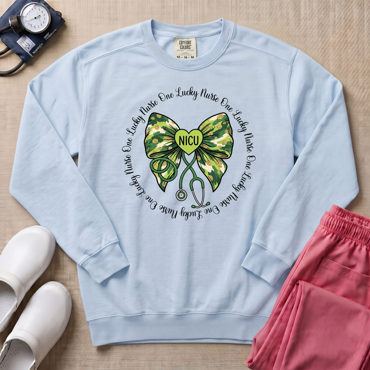 One Lucky Nurse Camo Bow NICU Sweatshirt - Chambray Comfort Colors Sweatshirt | HugTee