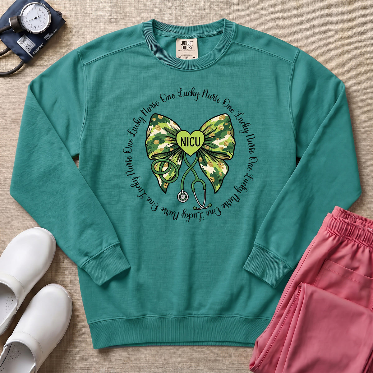 One Lucky Nurse Camo Bow NICU Sweatshirt - Seafoam Comfort Colors Sweatshirt | HugTee