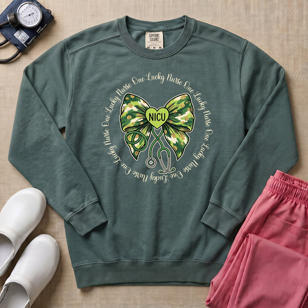 One Lucky Nurse Camo Bow NICU Sweatshirt - Blue Spruce Comfort Colors Sweatshirt | HugTee