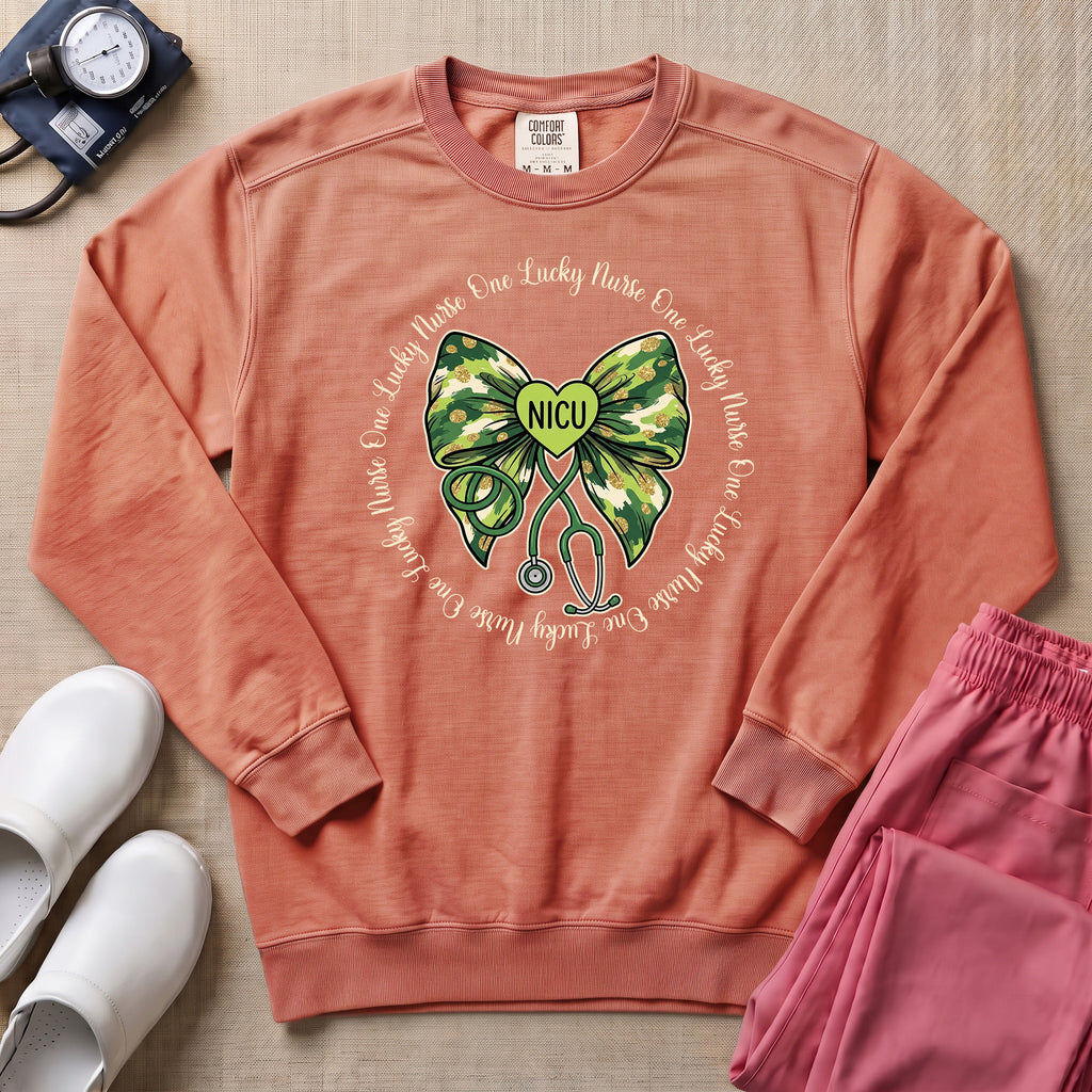 One Lucky Nurse Camo Bow NICU Sweatshirt - Terracotta Comfort Colors Sweatshirt | HugTee