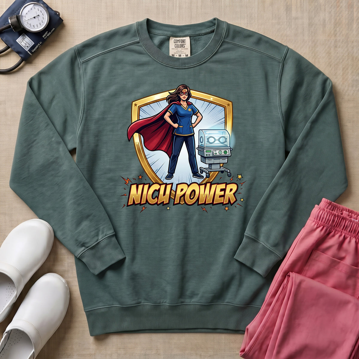 NICU Power Superhero Nurse Comic Sweatshirt - Blue Spruce Comfort Colors Sweatshirt | HugTee