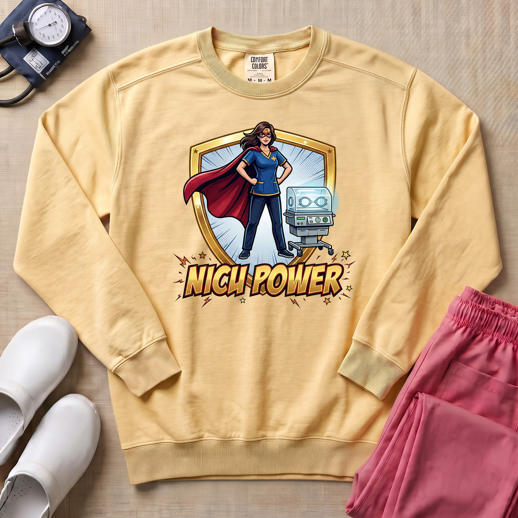 NICU Power Superhero Nurse Comic Sweatshirt - Butter Comfort Colors Sweatshirt | HugTee