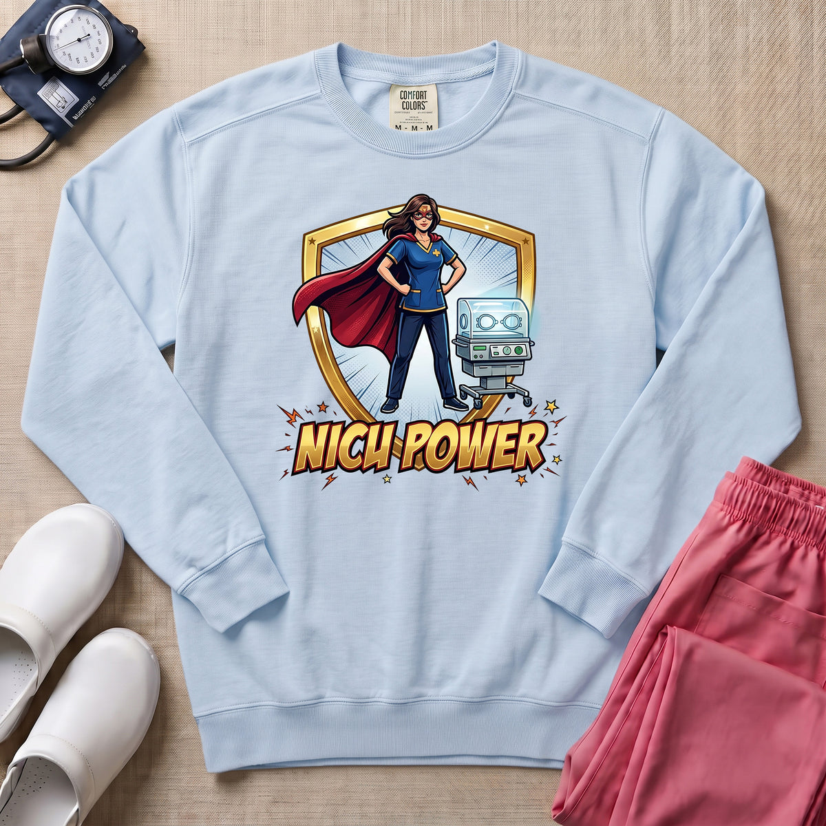 NICU Power Superhero Nurse Comic Sweatshirt - Chambray Comfort Colors Sweatshirt | HugTee