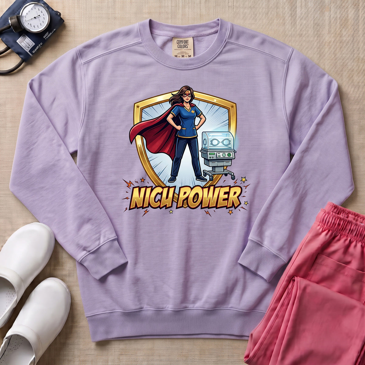 NICU Power Superhero Nurse Comic Sweatshirt - Orchid Comfort Colors Sweatshirt | HugTee