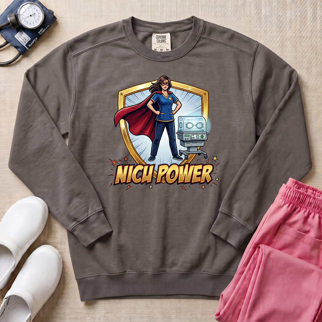 NICU Power Superhero Nurse Comic Sweatshirt - Pepper Lifestyle Hero Mockup | HugTee