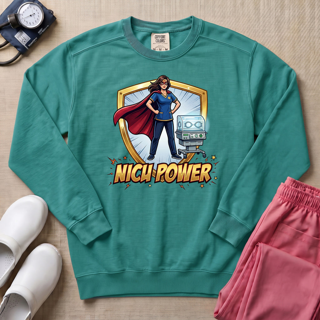 NICU Power Superhero Nurse Comic Sweatshirt - Seafoam Comfort Colors Sweatshirt | HugTee