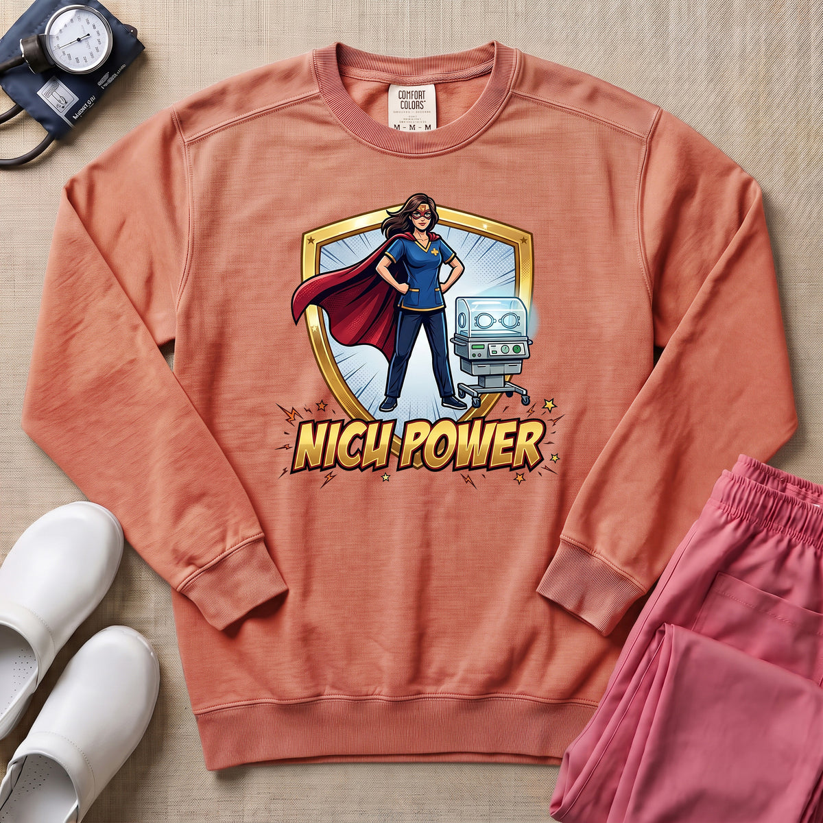 NICU Power Superhero Nurse Comic Sweatshirt - Terracotta Comfort Colors Sweatshirt | HugTee