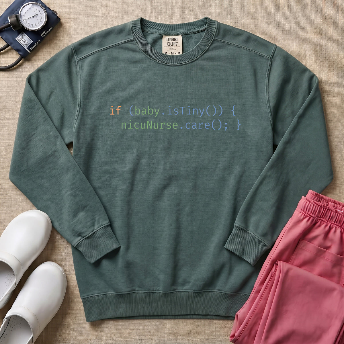 Funny Minimalist NICU Nurse Coding Graphic Sweatshirt - Blue Spruce Comfort Colors Sweatshirt | HugTee