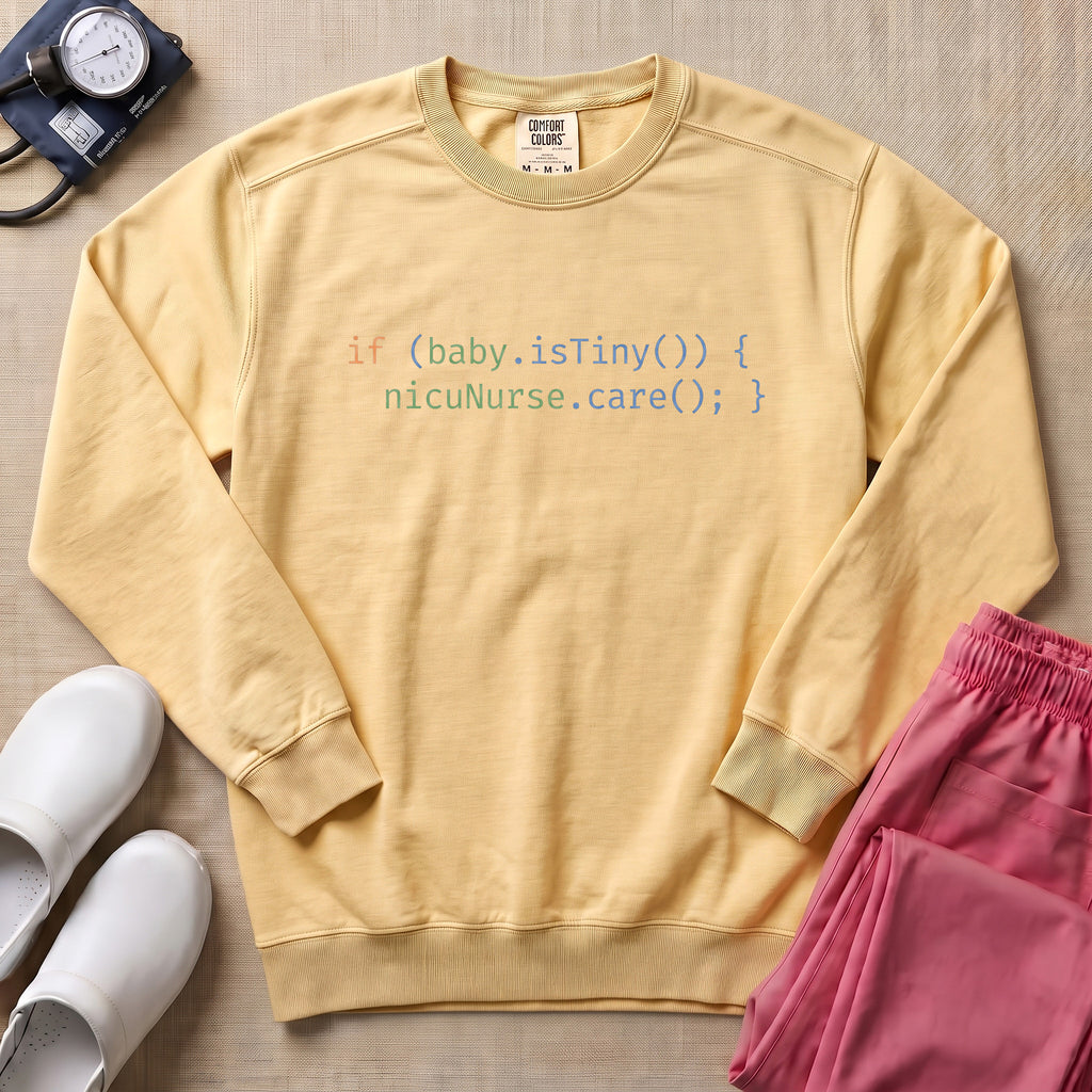 Funny Minimalist NICU Nurse Coding Graphic Sweatshirt - Butter Comfort Colors Sweatshirt | HugTee