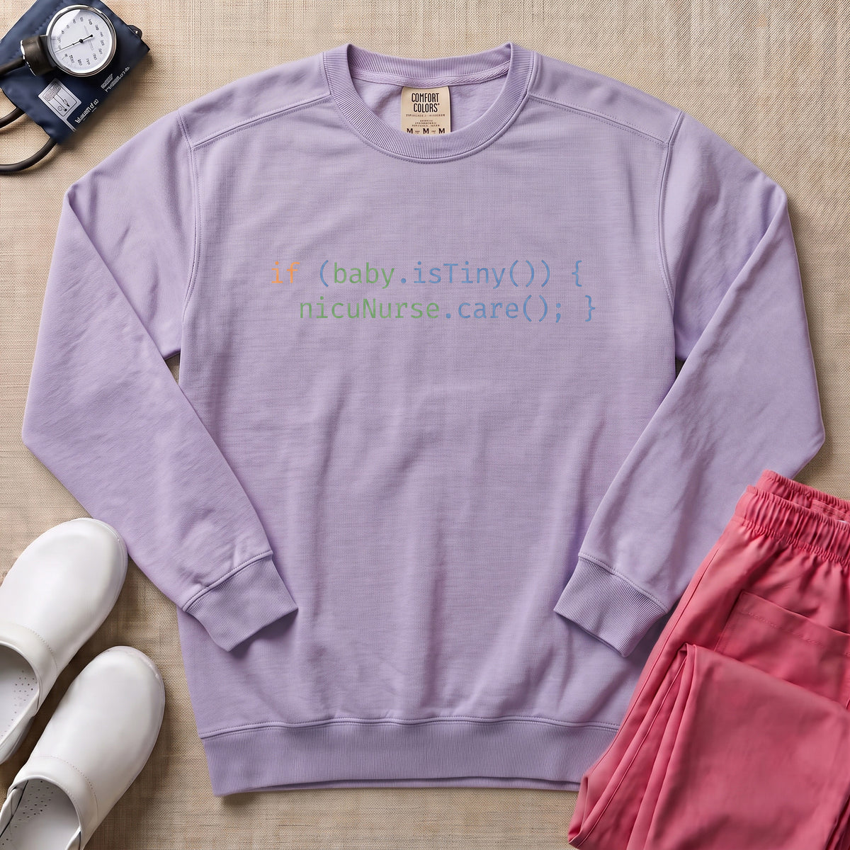 Funny Minimalist NICU Nurse Coding Graphic Sweatshirt - Orchid Comfort Colors Sweatshirt | HugTee