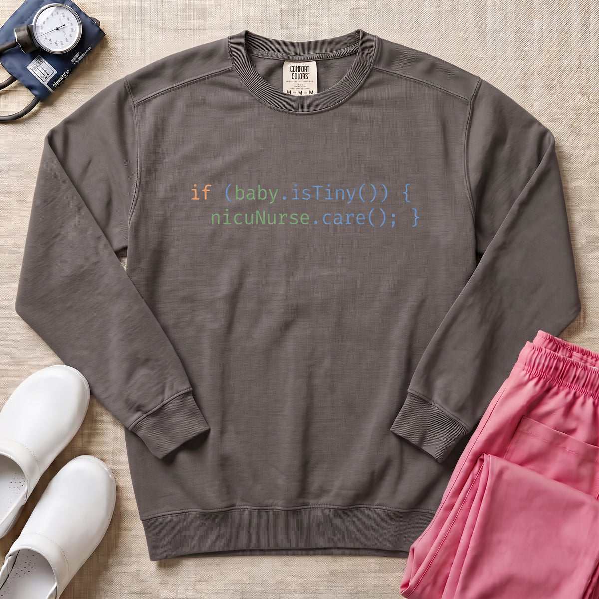 Funny Minimalist NICU Nurse Coding Graphic Sweatshirt - Pepper Lifestyle Hero Mockup | HugTee