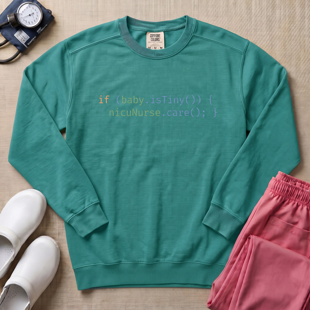 Funny Minimalist NICU Nurse Coding Graphic Sweatshirt - Seafoam Comfort Colors Sweatshirt | HugTee