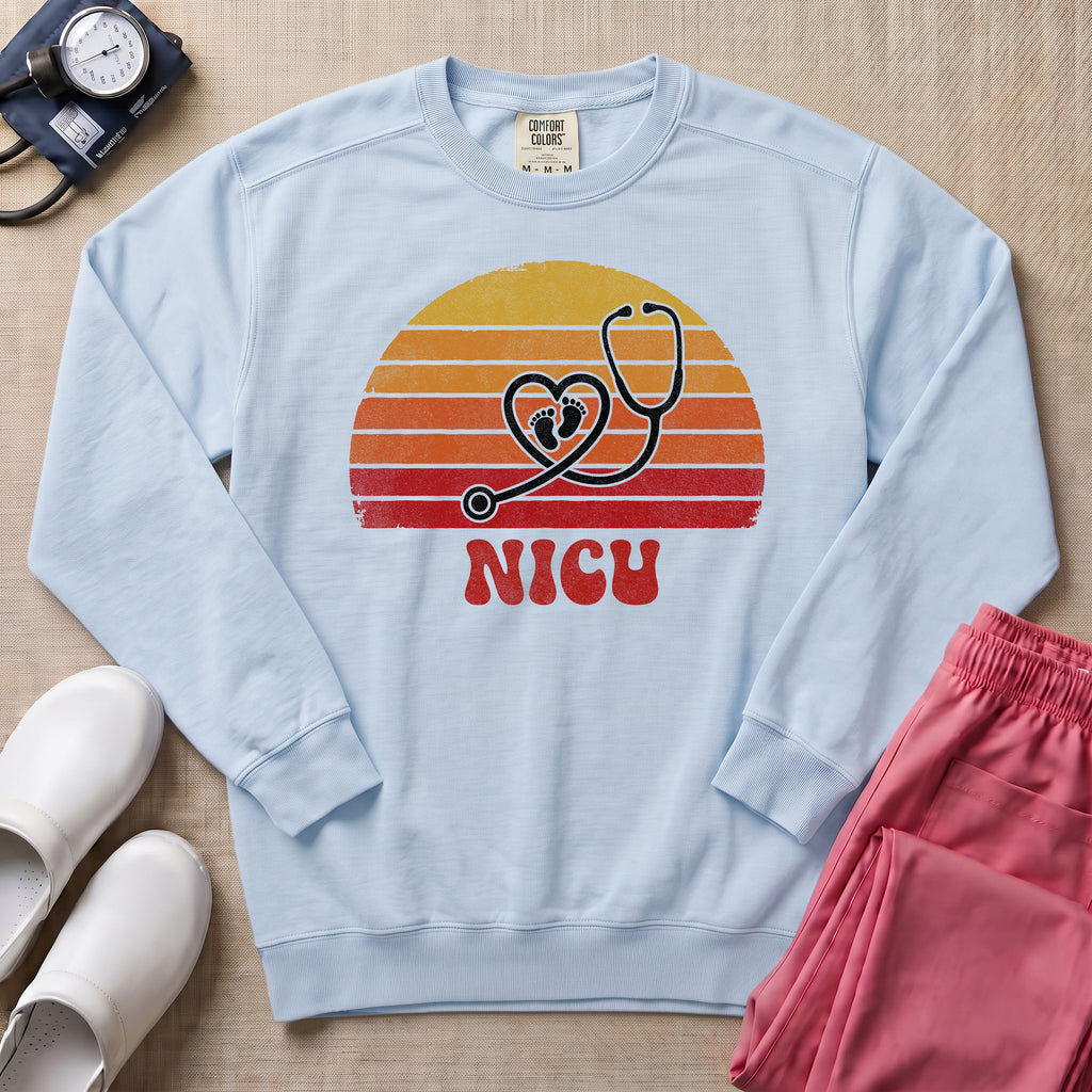 Retro NICU Nurse Stethoscope Baby Footprints Sweatshirt - Chambray Comfort Colors Sweatshirt | HugTee