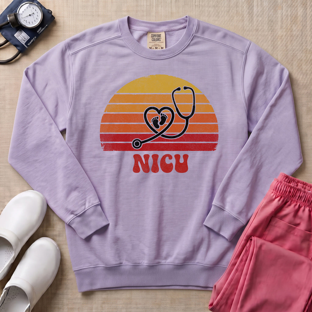 Retro NICU Nurse Stethoscope Baby Footprints Sweatshirt - Orchid Comfort Colors Sweatshirt | HugTee