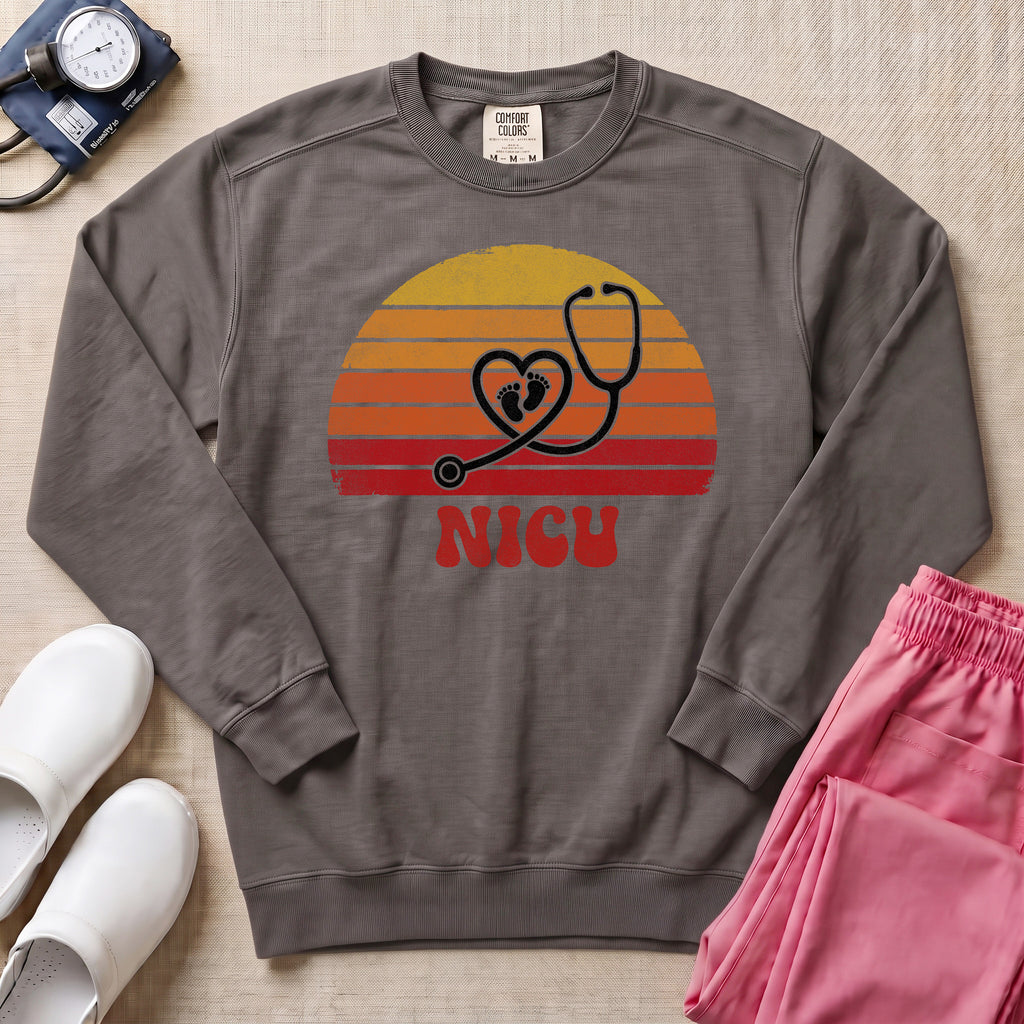 Retro NICU Nurse Stethoscope Baby Footprints Sweatshirt - Pepper Lifestyle Hero Mockup | HugTee
