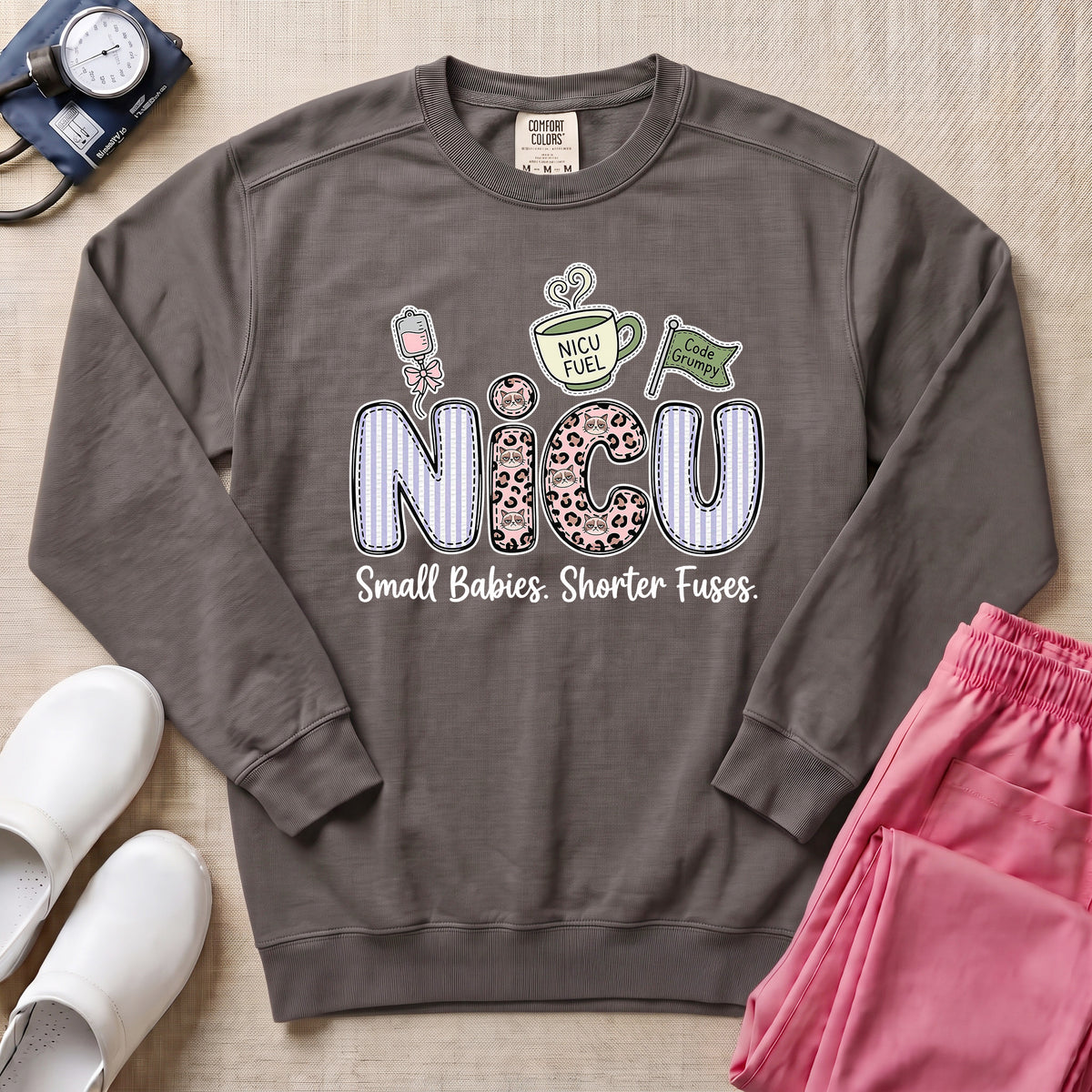 NICU Small Babies Shorter Fuses Funny Coffee Nurse Sweatshirt - Pepper Lifestyle Hero Mockup | HugTee