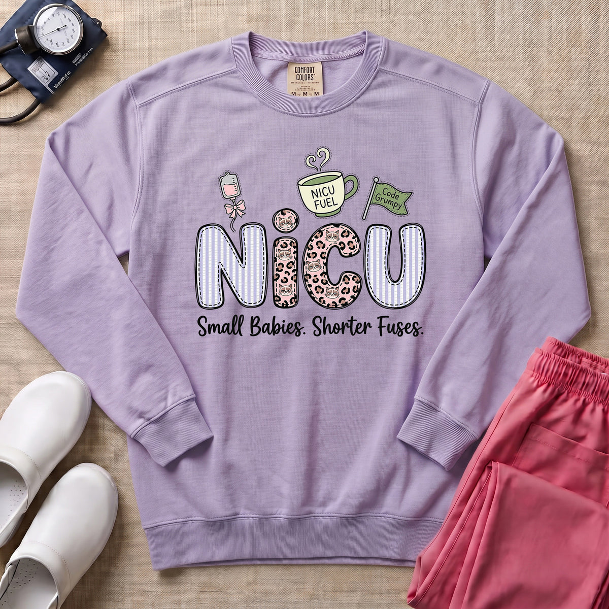 NICU Small Babies Shorter Fuses Funny Coffee Nurse Sweatshirt - Orchid Comfort Colors Sweatshirt | HugTee