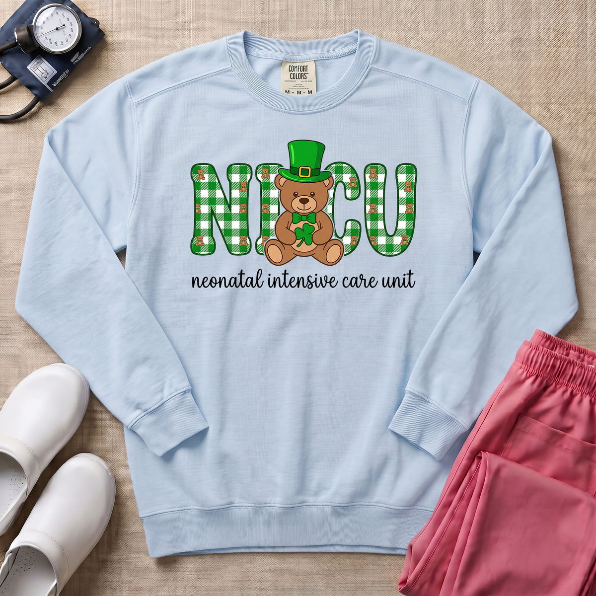 St. Patrick's Day NICU Bear Sweatshirt - Chambray Comfort Colors Sweatshirt | HugTee