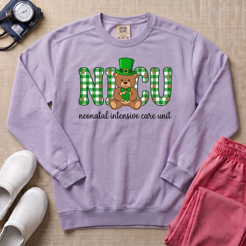 St. Patrick's Day NICU Bear Sweatshirt - Orchid Comfort Colors Sweatshirt | HugTee