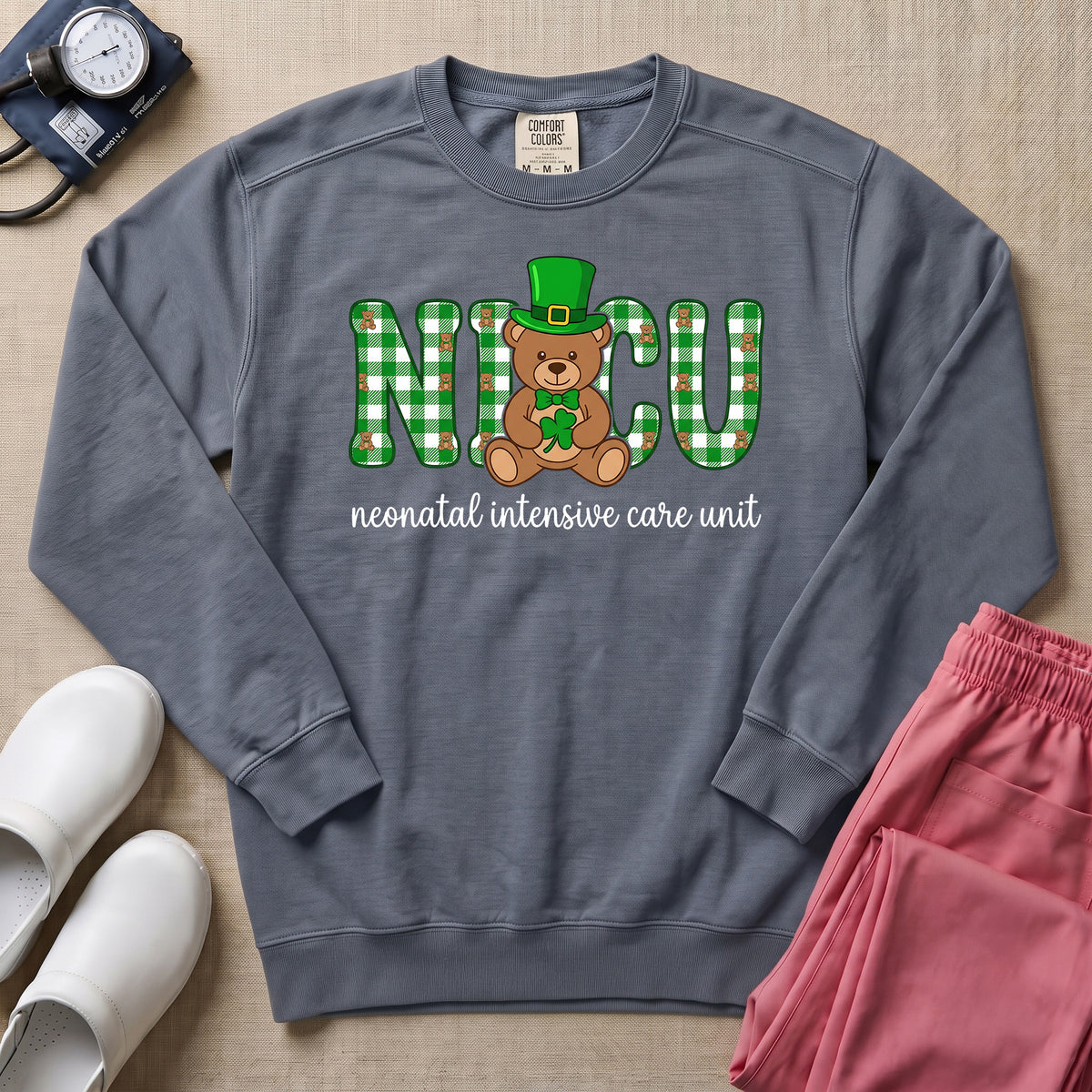 St. Patrick's Day NICU Bear Sweatshirt - Blue Jean Comfort Colors Sweatshirt | HugTee