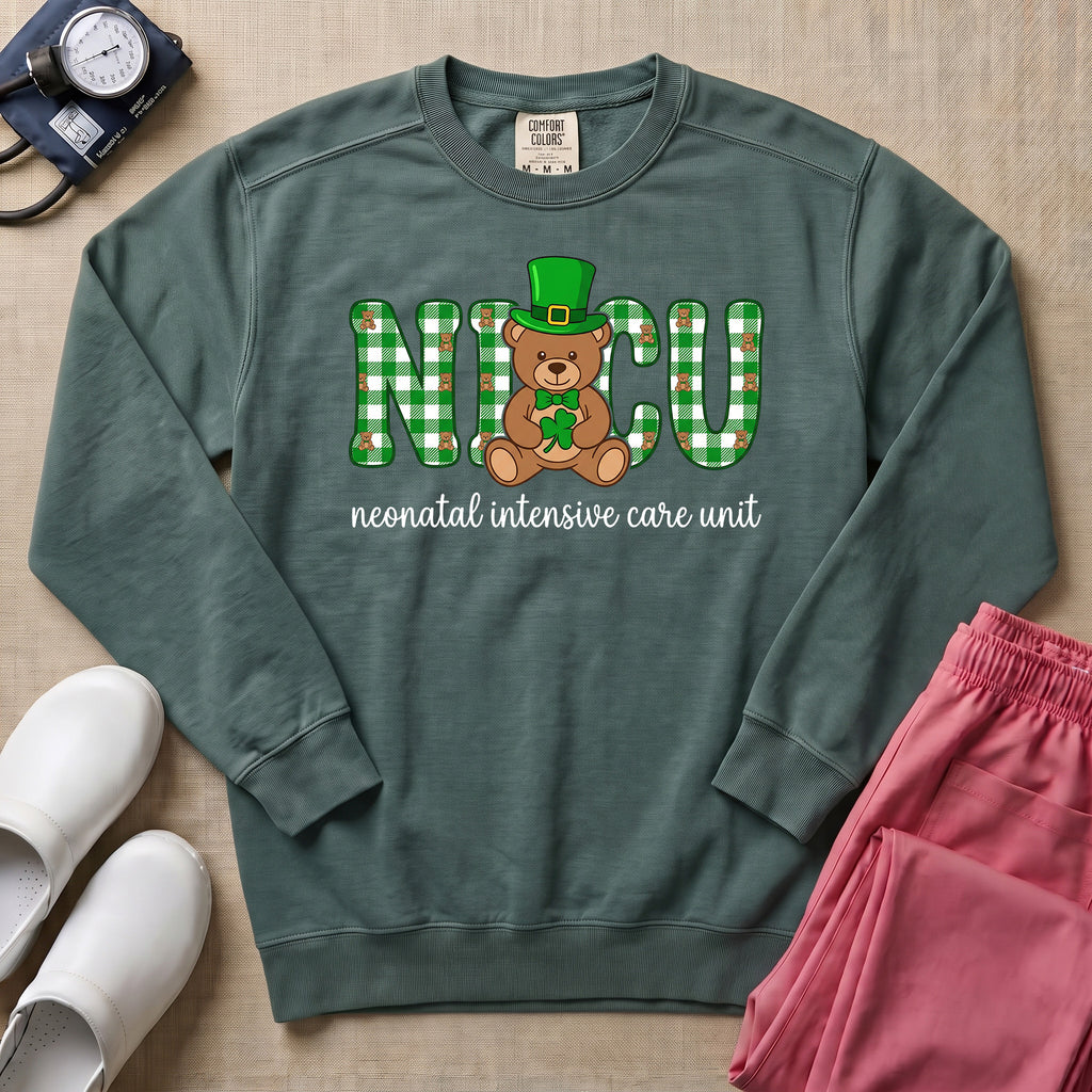 St. Patrick's Day NICU Bear Sweatshirt - Blue Spruce Comfort Colors Sweatshirt | HugTee