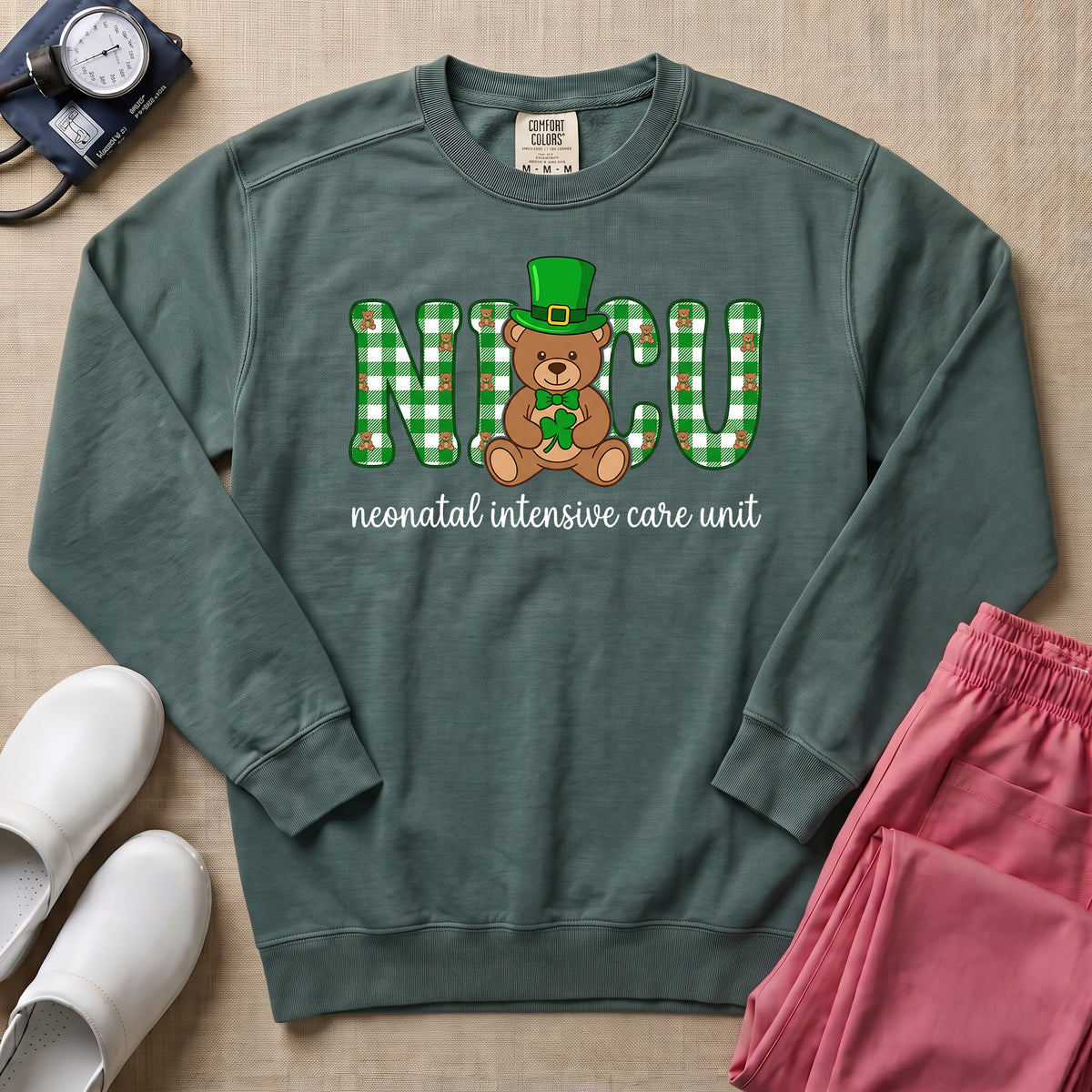 St. Patrick's Day NICU Bear Sweatshirt - Blue Spruce Comfort Colors Sweatshirt | HugTee