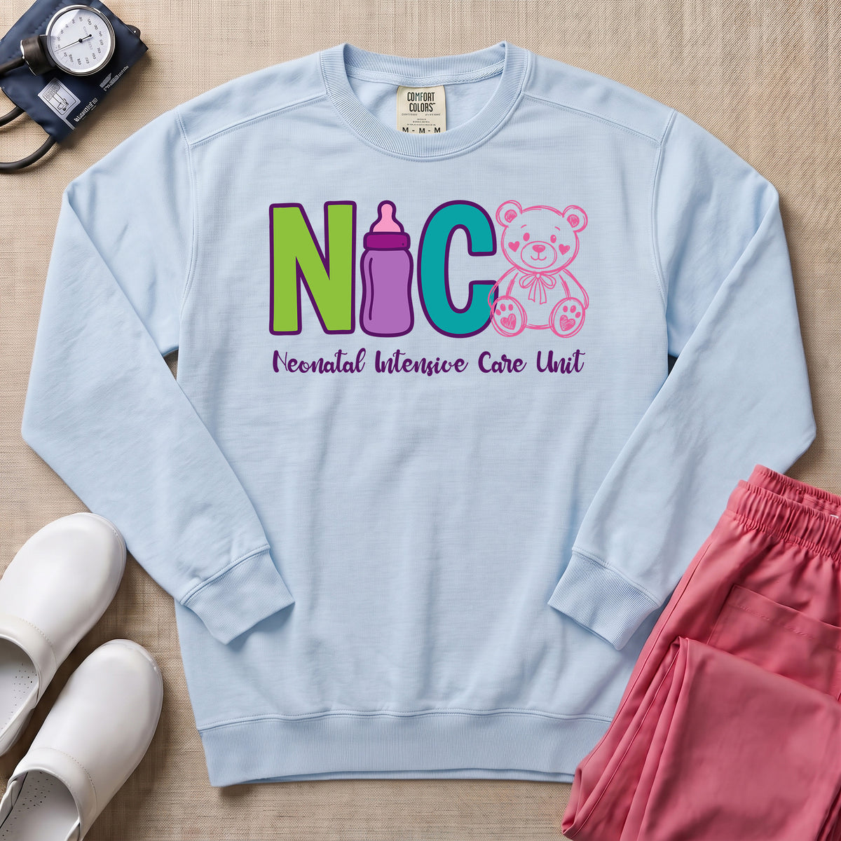 Cute Teddy Bear Neonatal Intensive Care Unit NICU Sweatshirt - Chambray Comfort Colors Sweatshirt | HugTee
