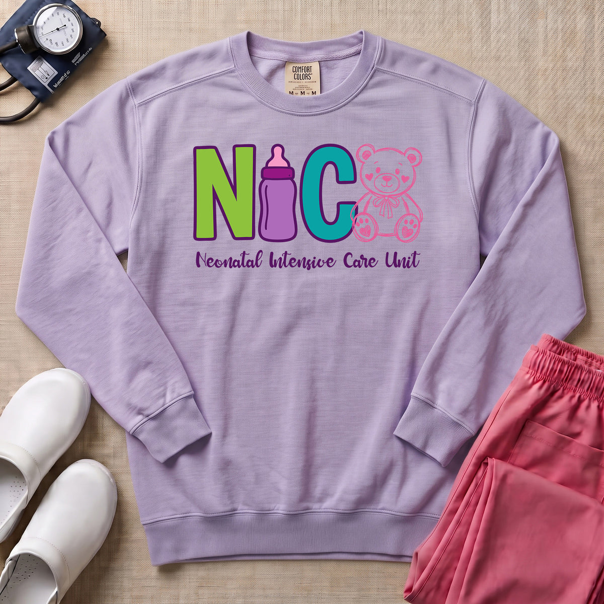 Cute Teddy Bear Neonatal Intensive Care Unit NICU Sweatshirt - Orchid Comfort Colors Sweatshirt | HugTee