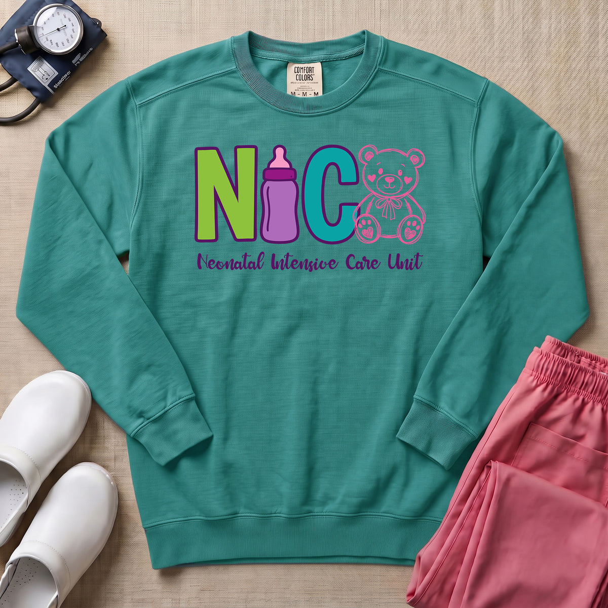 Cute Teddy Bear Neonatal Intensive Care Unit NICU Sweatshirt - Seafoam Comfort Colors Sweatshirt | HugTee