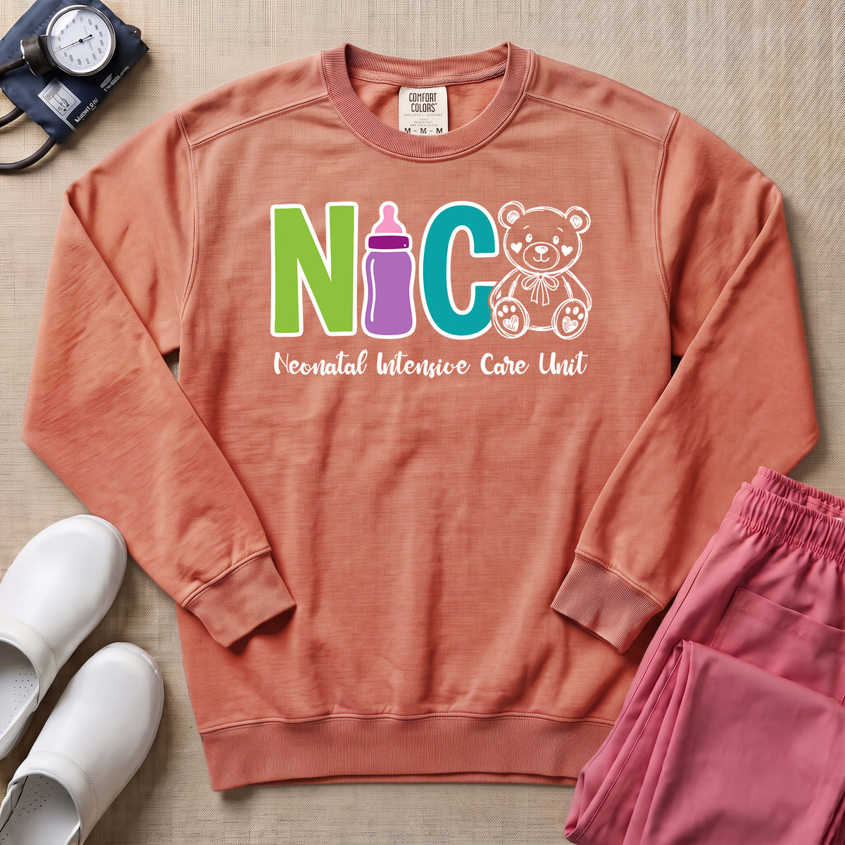 Cute Teddy Bear Neonatal Intensive Care Unit NICU Sweatshirt - Terracotta Comfort Colors Sweatshirt | HugTee