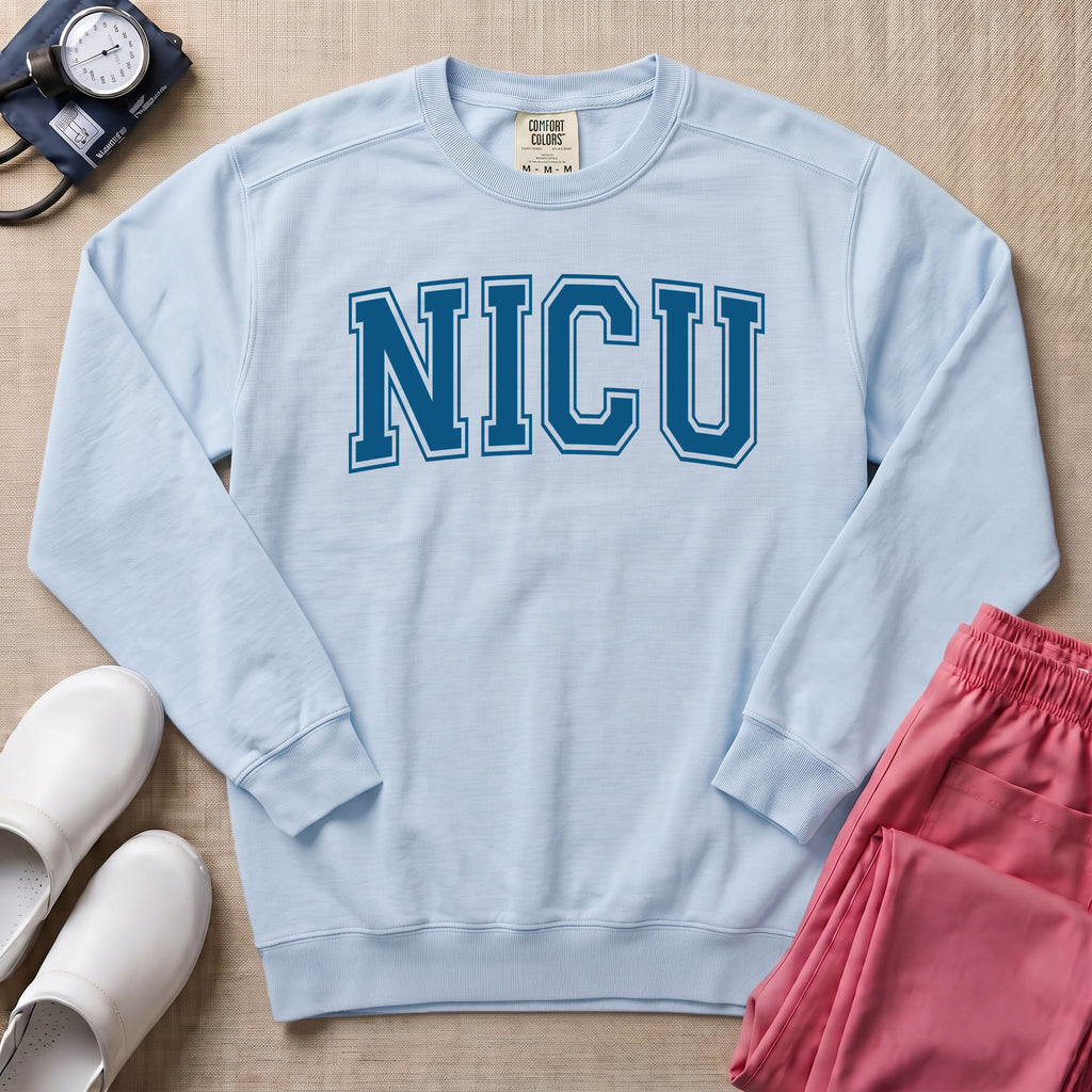 Classic Collegiate NICU Nurse Sweatshirt - Chambray Comfort Colors Sweatshirt | HugTee