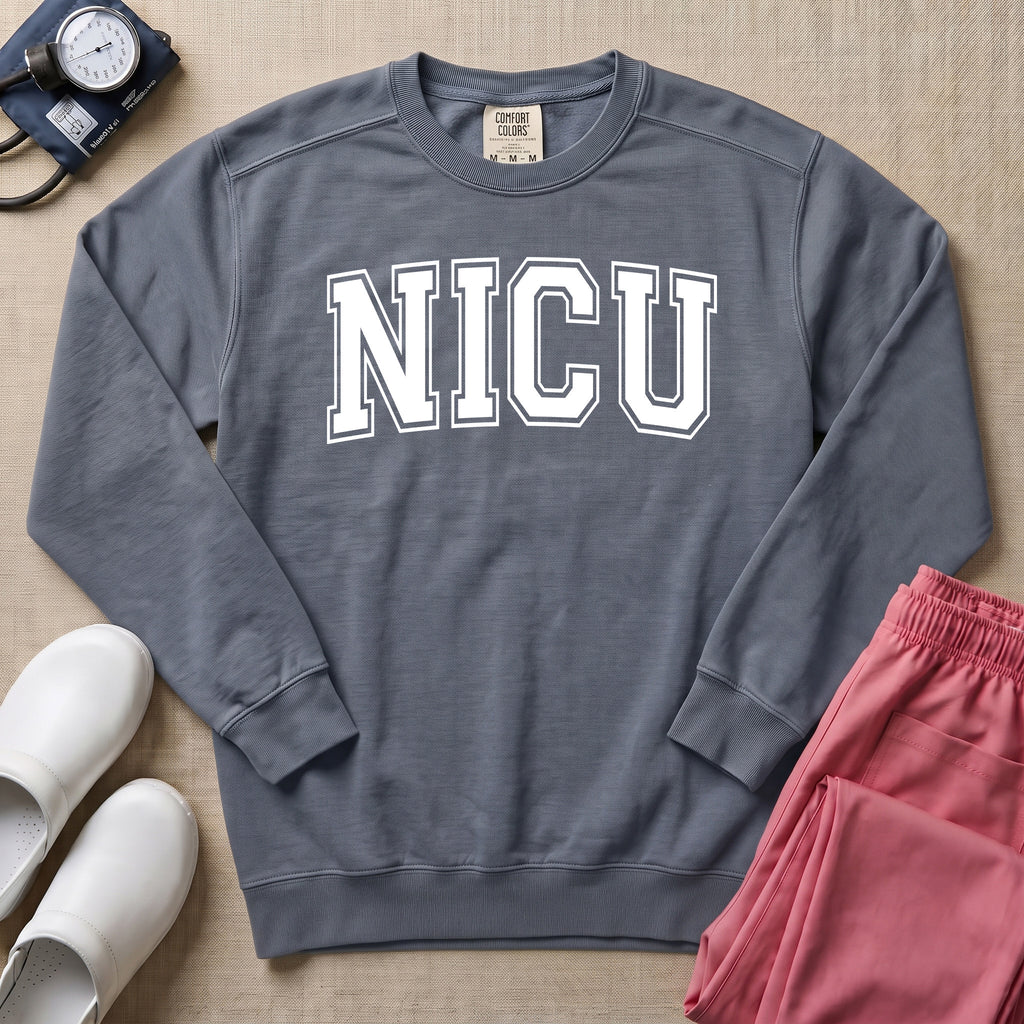 Classic Collegiate NICU Nurse Sweatshirt - Blue Jean Comfort Colors Sweatshirt | HugTee