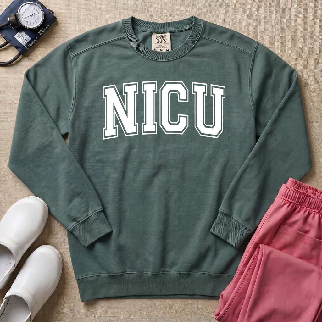 Classic Collegiate NICU Nurse Sweatshirt - Blue Spruce Comfort Colors Sweatshirt | HugTee
