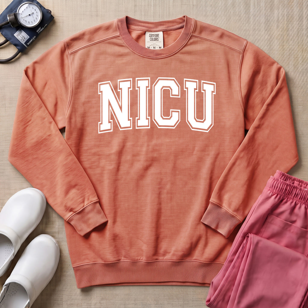 Classic Collegiate NICU Nurse Sweatshirt - Terracotta Comfort Colors Sweatshirt | HugTee