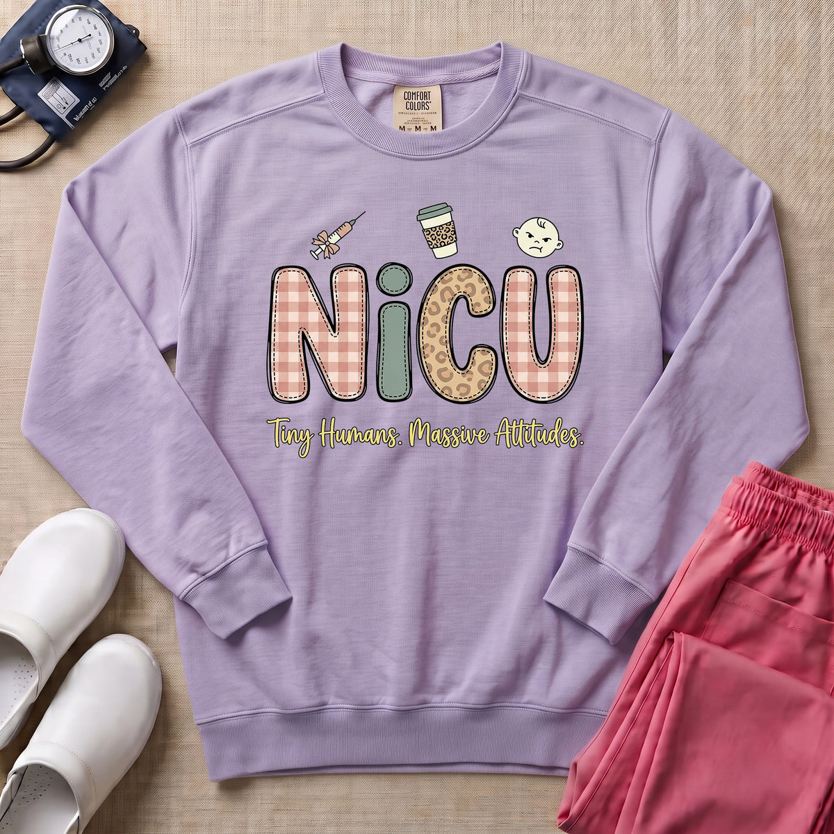 NICU Tiny Humans Massive Attitudes Funny Nurse Sweatshirt - Orchid Comfort Colors Sweatshirt | HugTee