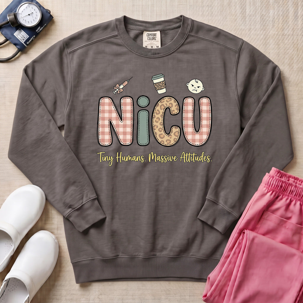NICU Tiny Humans Massive Attitudes Funny Nurse Sweatshirt - Pepper Lifestyle Hero Mockup | HugTee