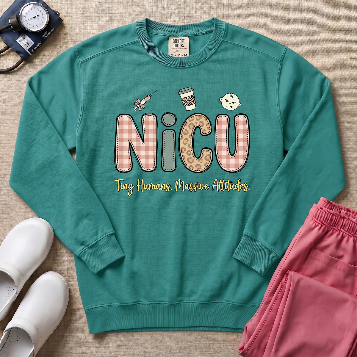 NICU Tiny Humans Massive Attitudes Funny Nurse Sweatshirt - Seafoam Comfort Colors Sweatshirt | HugTee