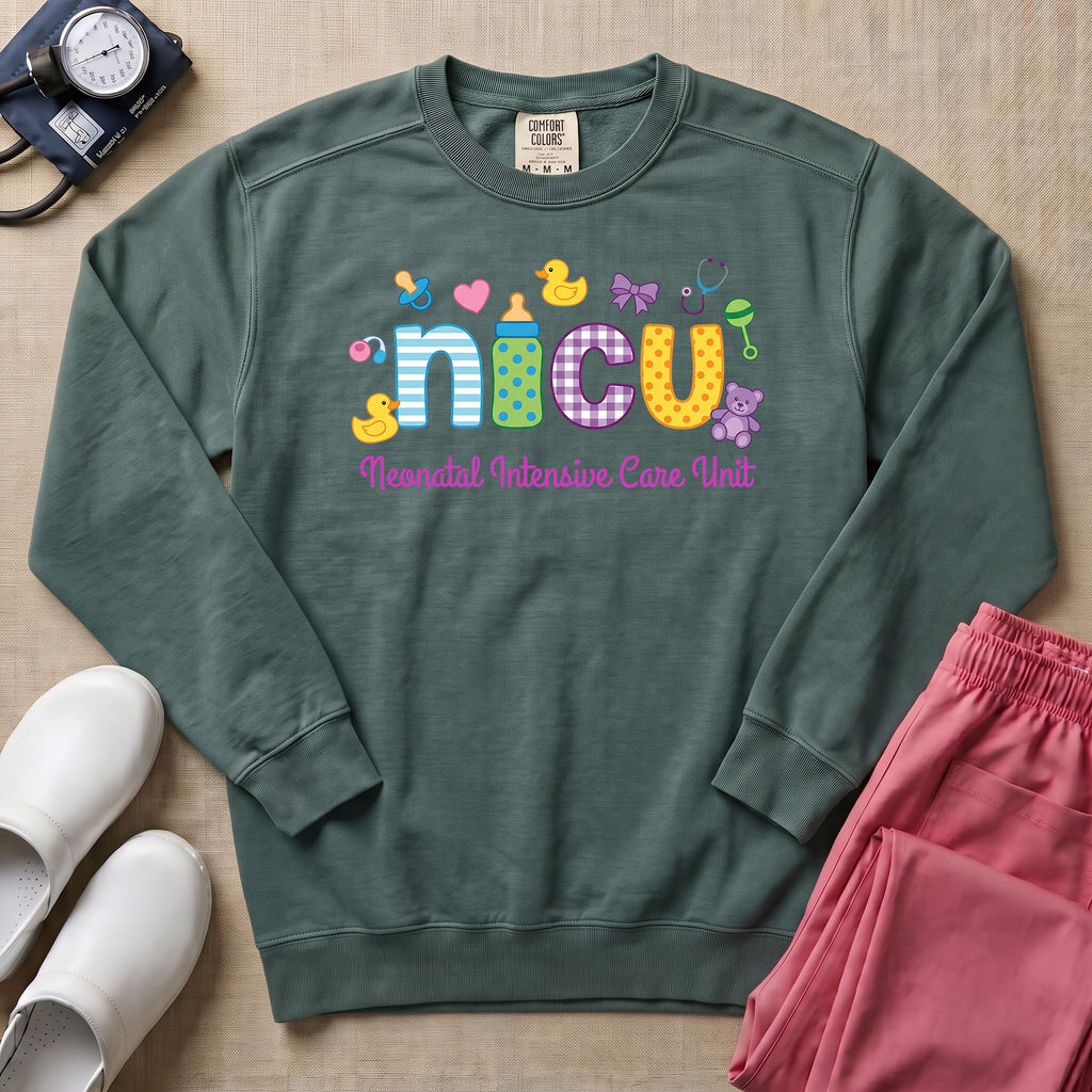 Cute Neonatal Intensive Care Unit NICU Sweatshirt - Blue Spruce Comfort Colors Sweatshirt | HugTee