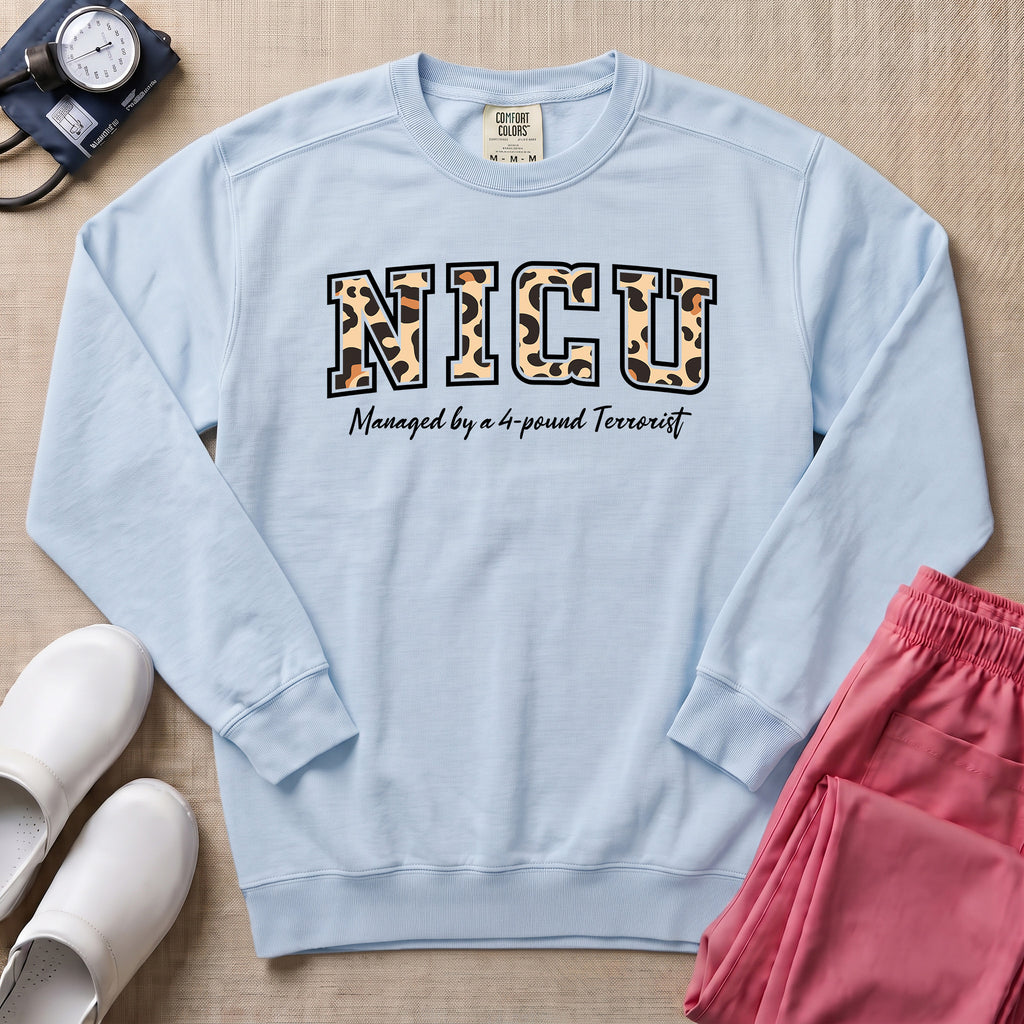 Funny Leopard Print NICU Nurse 4-Pound Terrorist Sweatshirt - Chambray Comfort Colors Sweatshirt | HugTee