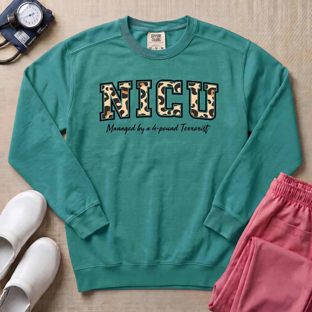 Funny Leopard Print NICU Nurse 4-Pound Terrorist Sweatshirt - Seafoam Comfort Colors Sweatshirt | HugTee