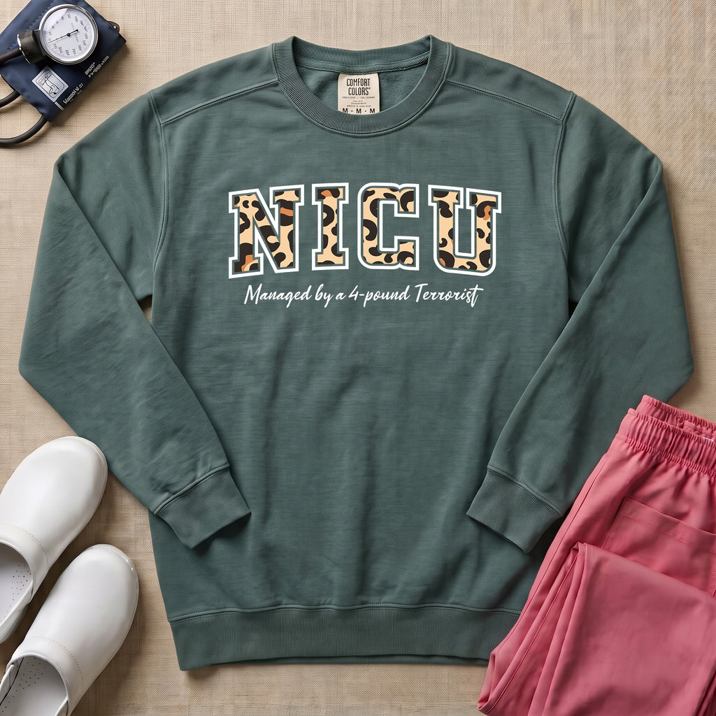 Funny Leopard Print NICU Nurse 4-Pound Terrorist Sweatshirt - Blue Spruce Comfort Colors Sweatshirt | HugTee
