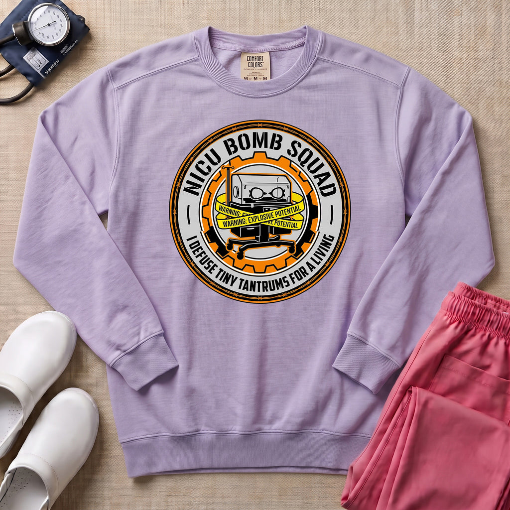Funny NICU Bomb Squad Nurse Sweatshirt - Orchid Comfort Colors Sweatshirt | HugTee