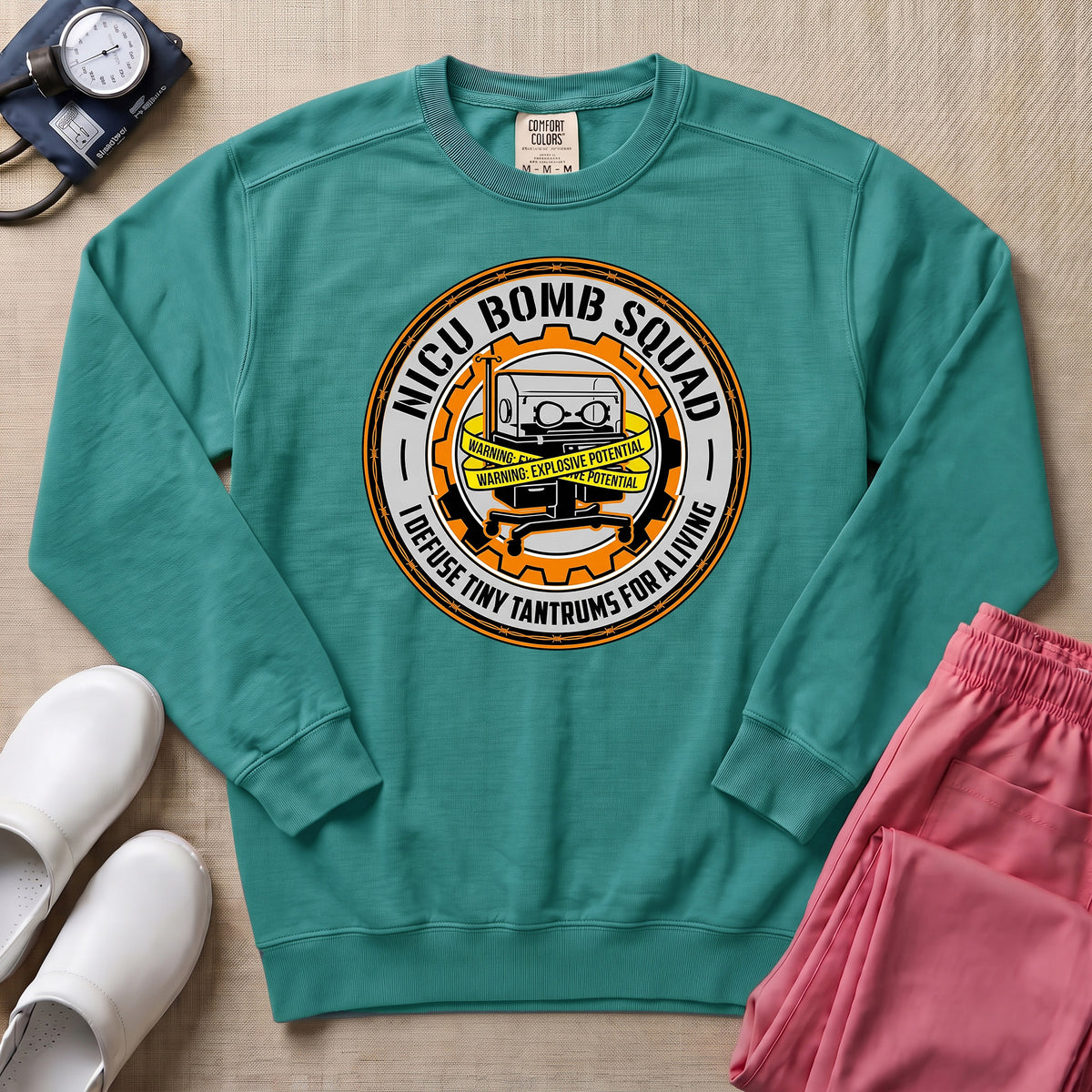 Funny NICU Bomb Squad Nurse Sweatshirt - Seafoam Comfort Colors Sweatshirt | HugTee