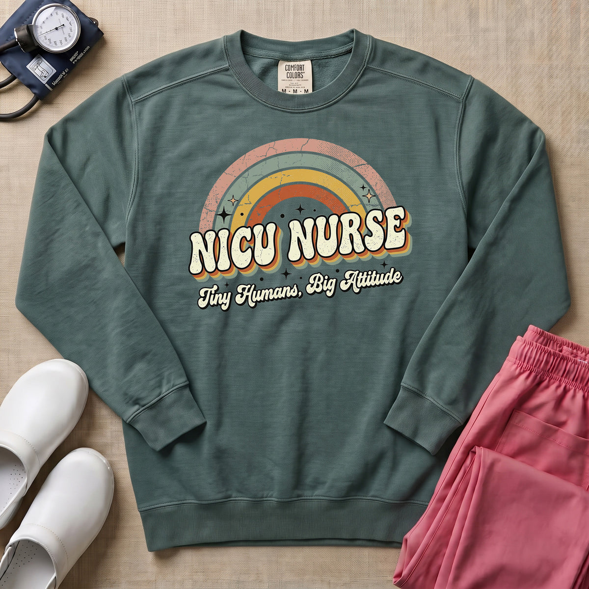 Retro Rainbow NICU Nurse Tiny Humans Sweatshirt - Blue Spruce Comfort Colors Sweatshirt | HugTee