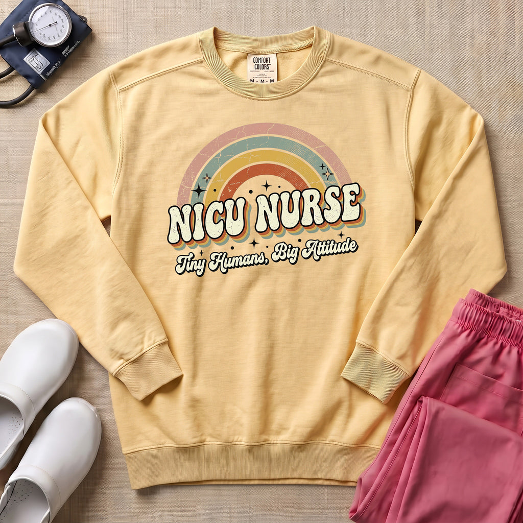 Retro Rainbow NICU Nurse Tiny Humans Sweatshirt - Butter Comfort Colors Sweatshirt | HugTee