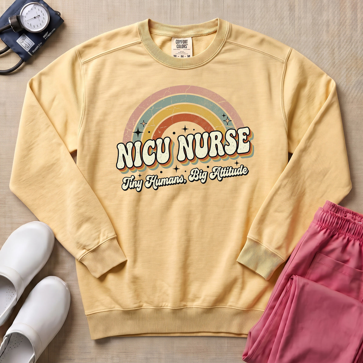 Retro Rainbow NICU Nurse Tiny Humans Sweatshirt - Butter Comfort Colors Sweatshirt | HugTee